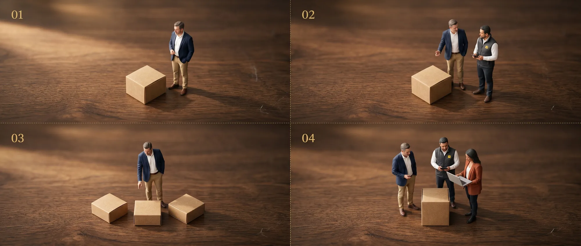 Four miniature stagings showing the four setup configurations.