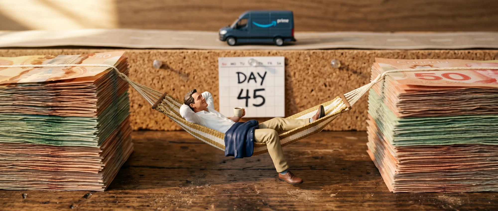 Miniature brand owner in a hammock between cash stacks; DAY 45 calendar; Amazon Prime van driving away.