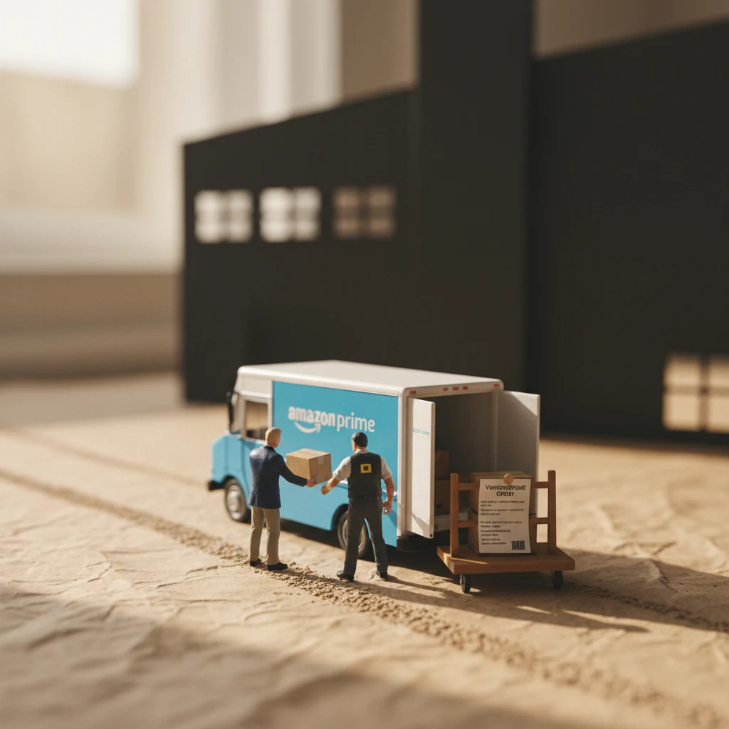 Miniature first-PO scene — Cascades PRO Select added Amazon as one more wholesale customer in their downstream rotation, using their existing wholesale apparatus end to end.