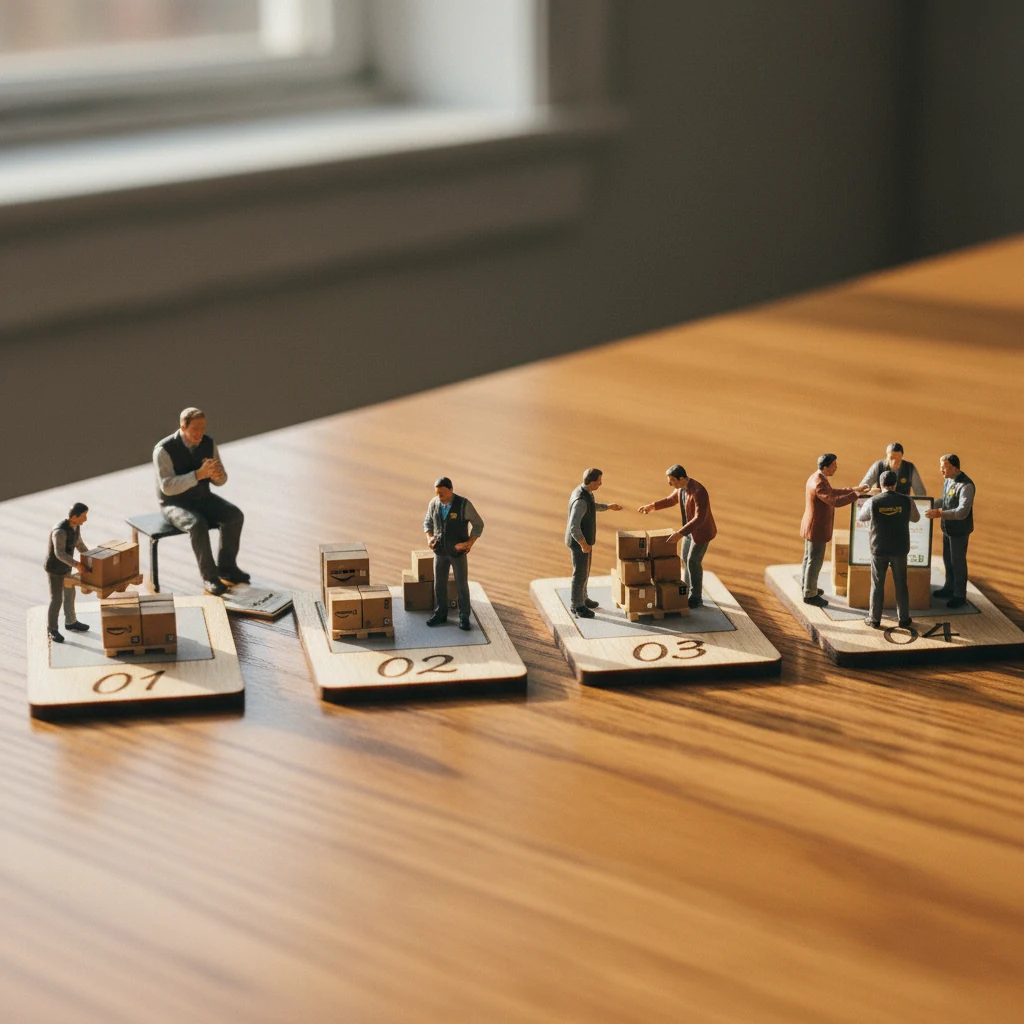 Miniature brand owner seated at a long oak table, four small dioramas of the four engagement configurations laid out in front of him.