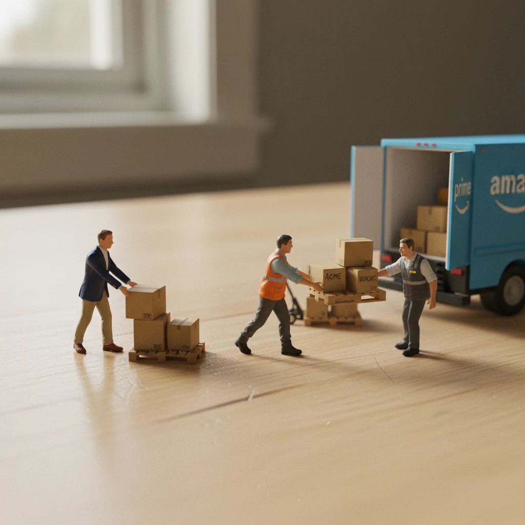 Miniature relay across a wood tabletop: Brand Owner hands pallet to Distributor, who hands consolidated pallets to the VendorSprout Operator beside an Amazon Prime truck.
