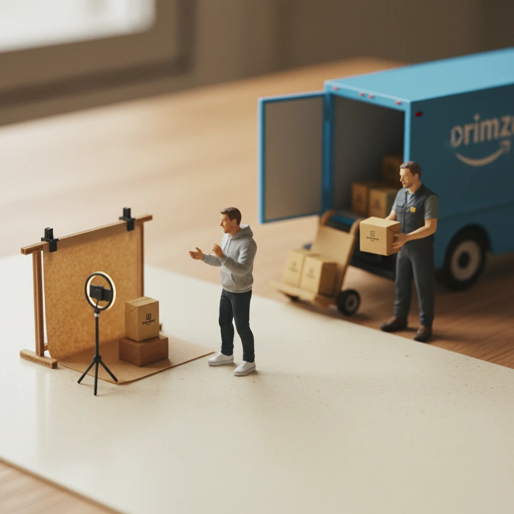 Miniature creator in a tiny content studio in foreground, focused on filming; VendorSprout operator loading branded boxes into an Amazon truck quietly in the background.