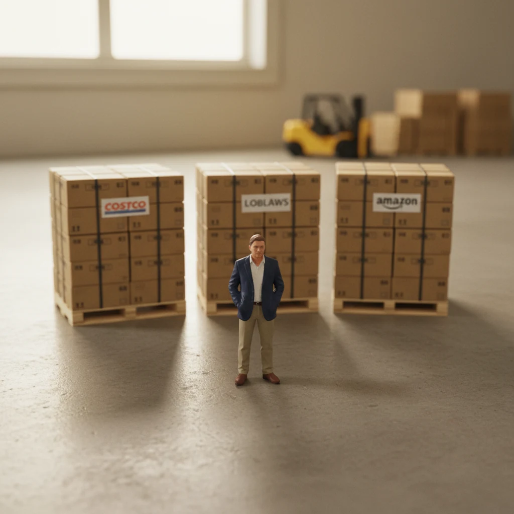 Miniature brand owner before three identical wholesale pallets — Costco, Loblaws, and Amazon — side by side. Amazon as one more wholesale customer in the rotation.