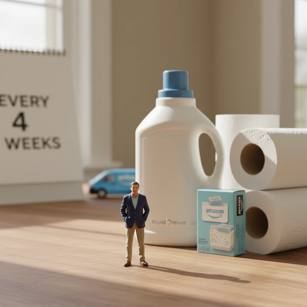Miniature brand owner with a giant laundry detergent jug and Subscribe & Save calendar — the recurring-revenue compounding scene at the heart of the Persil case.