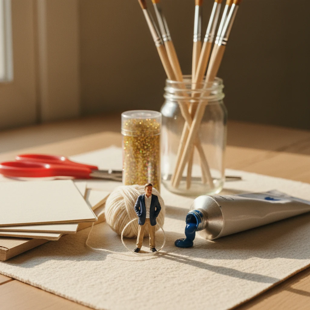 Miniature brand owner on a craft tabletop with a giant paint tube, skein of yarn, jar of brushes, scissors — crafts at scale.