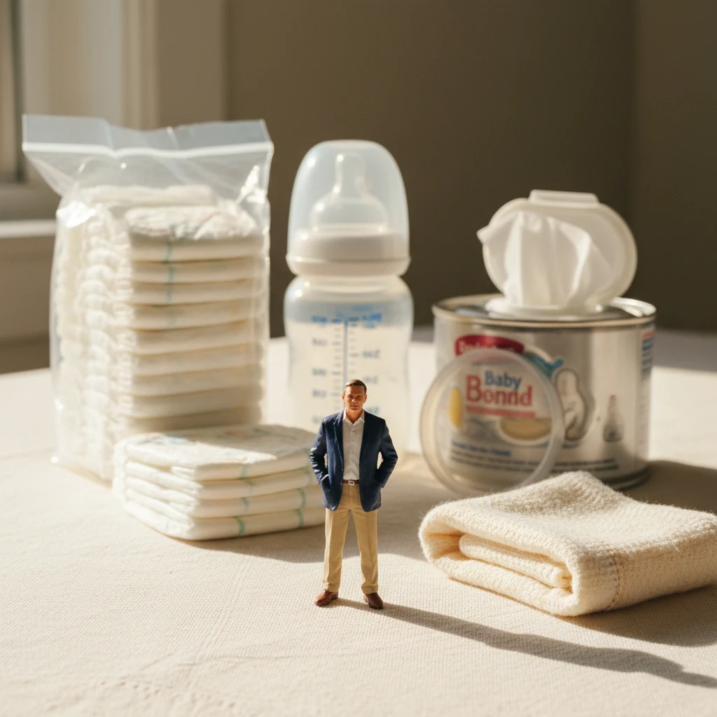 Miniature brand owner on soft cream fabric, surrounded by a stack of diapers, baby bottle, formula tin, wipes — baby essentials at scale.