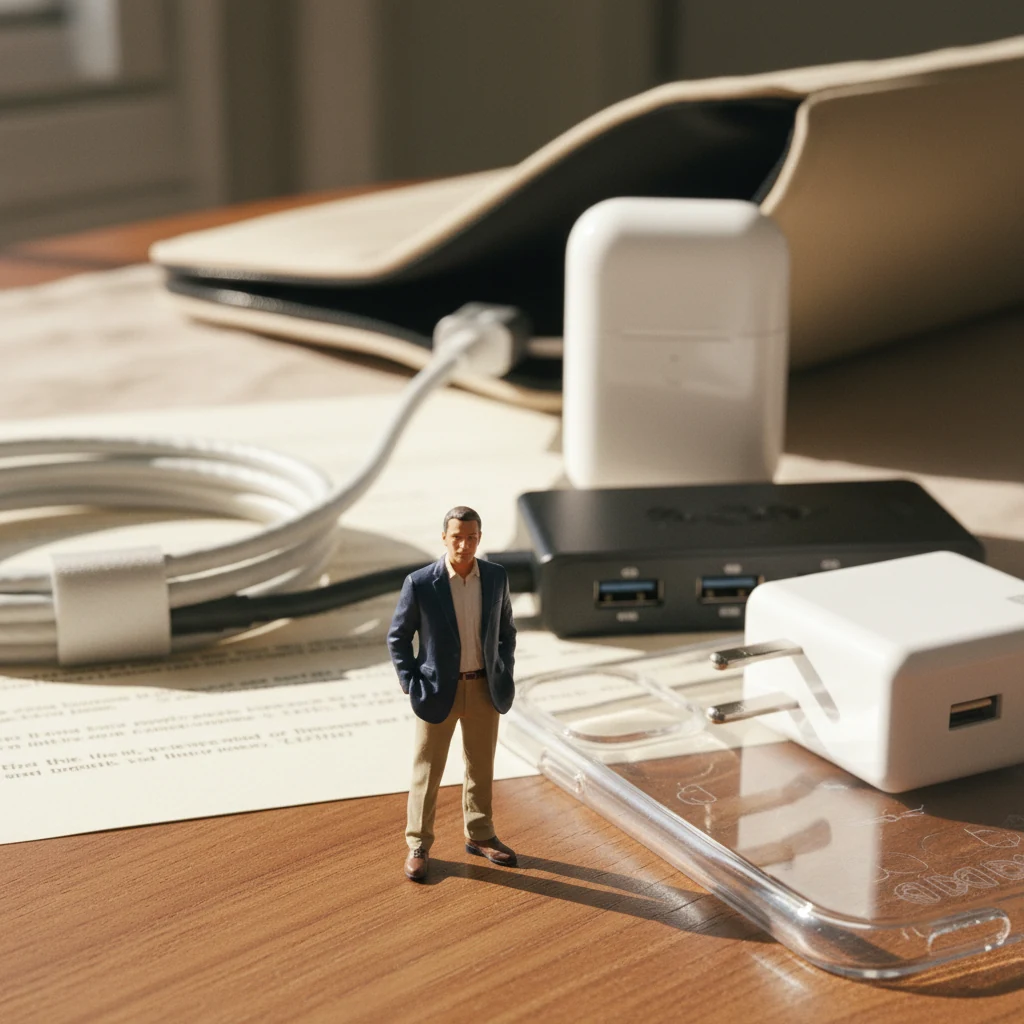 Miniature brand owner on a walnut desk with a giant USB cable, laptop sleeve, earbud case, USB hub — electronics at scale.