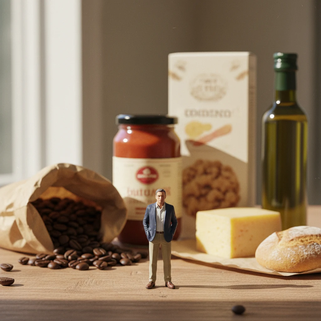 Miniature brand owner with a giant coffee bag, pasta sauce jar, cereal box, olive oil bottle — pantry shelf at scale.