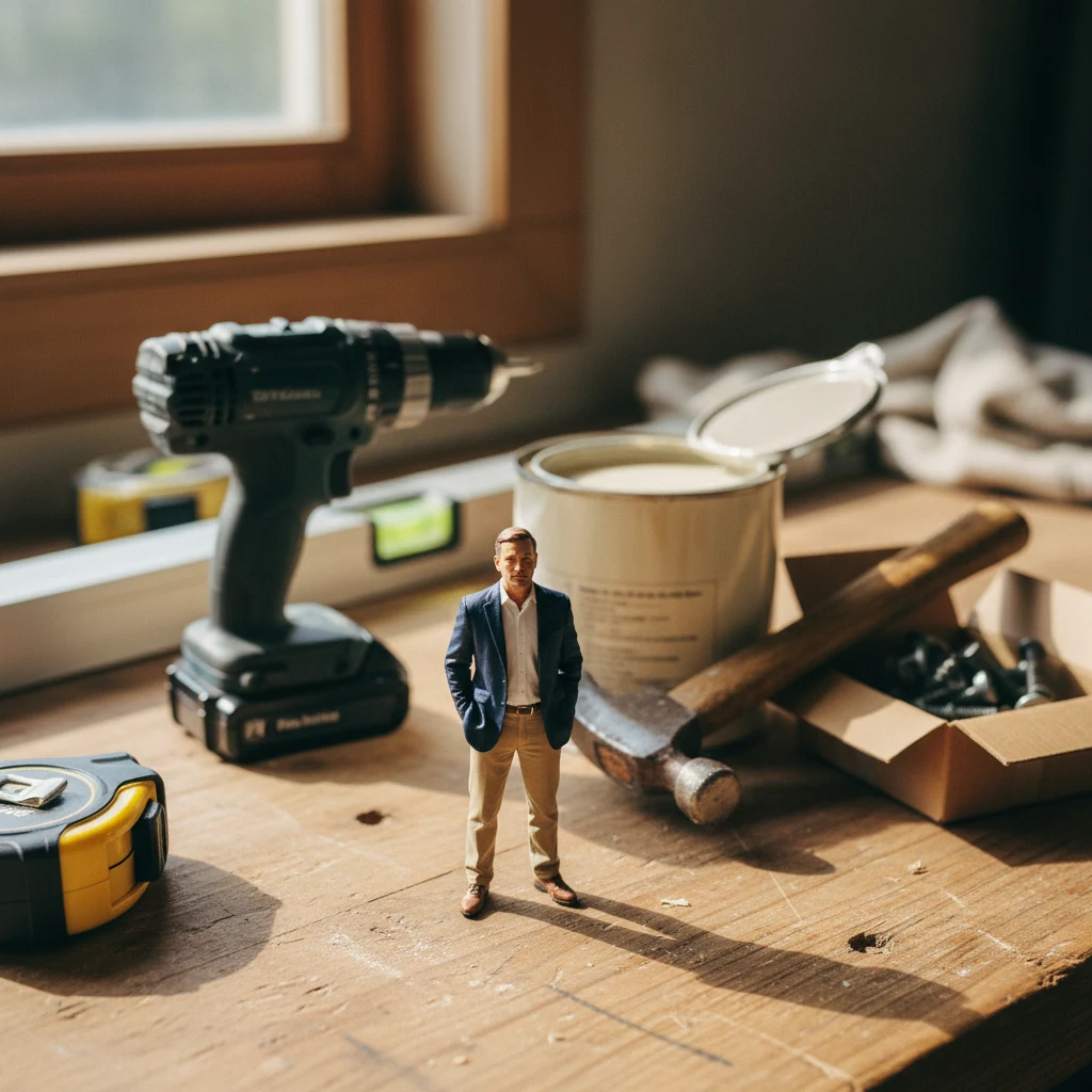 Miniature brand owner on a workbench with a giant cordless drill, hammer, paint can, tape measure — hardware at scale.