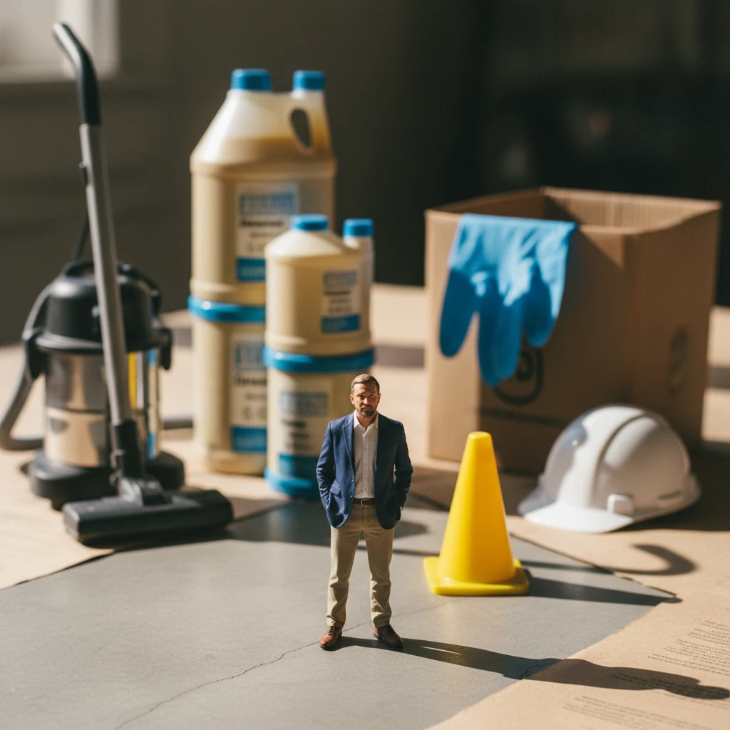 Miniature brand owner on concrete with a giant commercial vacuum, janitorial jugs, safety cone, glove box, hard hat — industrial supplies at scale.