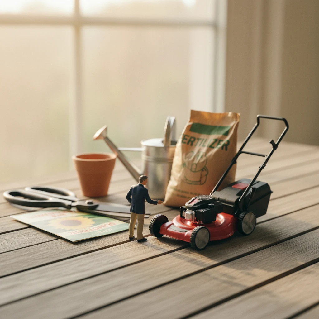 Miniature brand owner on a wood deck with a giant push mower, watering can, fertilizer bag, garden shears — lawn and garden at scale.
