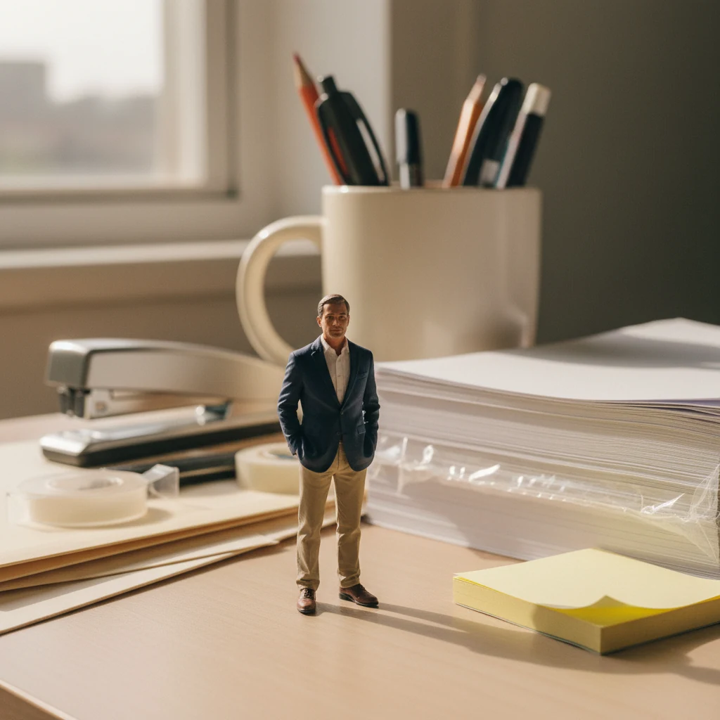Miniature brand owner on a desk with a giant ream of paper, mug of pens, stapler, file folders — office supplies at scale.