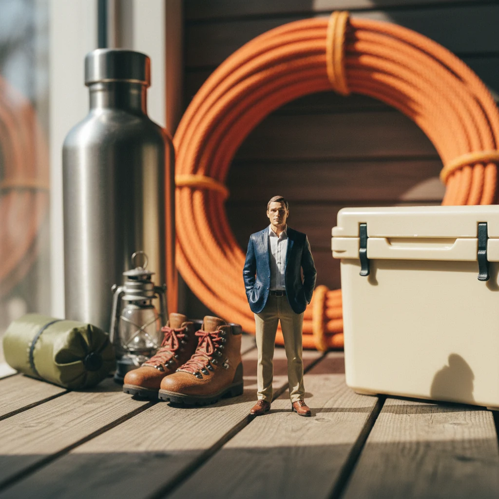 Miniature brand owner with a giant cooler, climbing rope, water bottle, camping tent, hiking boots — outdoor gear at scale.